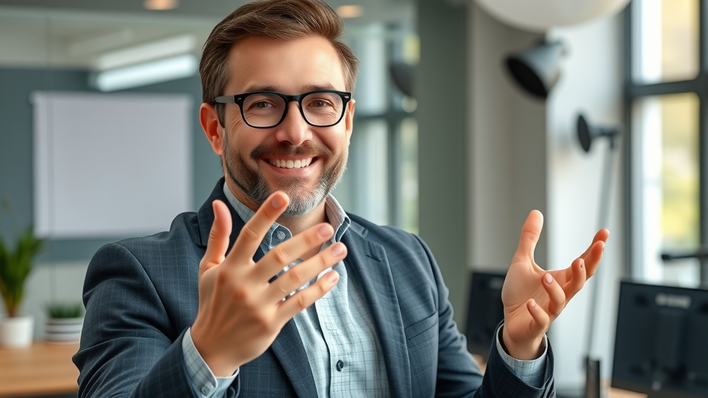 inspiring small business owner presenting a marketing video concept, small business marketing videos, modern office, photorealistic, confident, video marketing
