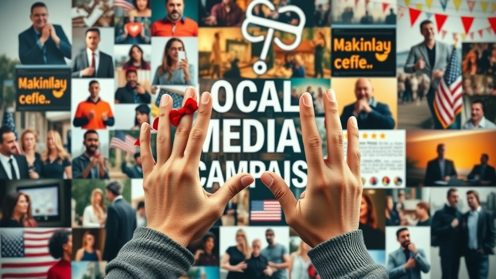 Innovative local social media campaign collage, featuring local events, testimonials, and user-generated content in a lively community setting