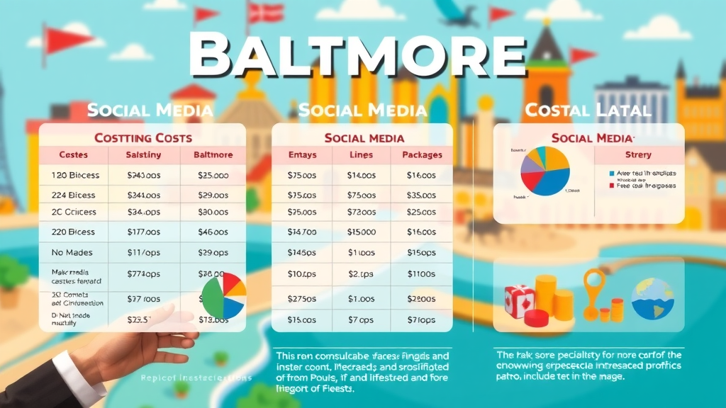 Infographic breaking down social media marketing costs in Baltimore, pricing table, business icons