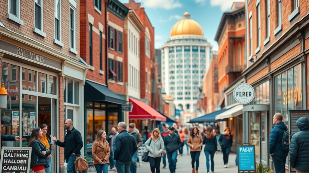 vibrant Baltimore cityscape, diverse local businesses bustling, people engaging with storefronts, iconic Baltimore harbor in background