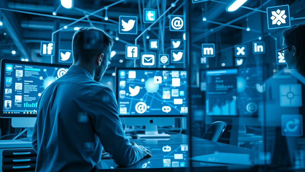 Futuristic workspace showing interconnected brand management platforms and synchronized social media logos. digital brand management, brand management tools.