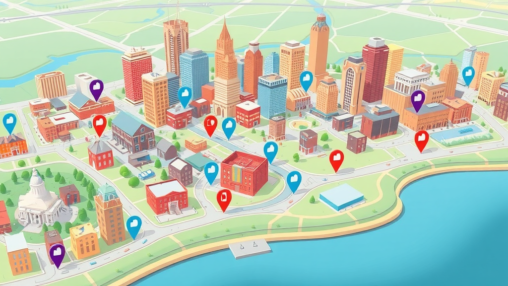 illustrated city map, pinpointing top recording studios in Baltimore, animated icon markers, 2D Cartoon style, colorful city buildings, detailed map features, gently winding Patapsco River, playful movement of icons, clean lines and bright colors, soft ambient glow, shot with a neutral digital rendering lens.
