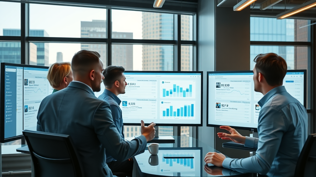 modern digital marketing agency office in Baltimore, team reviewing social media analytics
