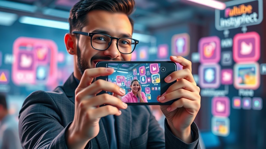 video content creation for small businesses recording short-form Instagram Reels video, creative digital overlays, social app UI, neon highlights