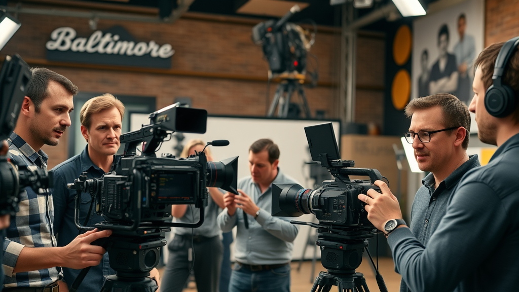 Professional video production set with directors and crew operating cameras and lighting - video production services in baltimore