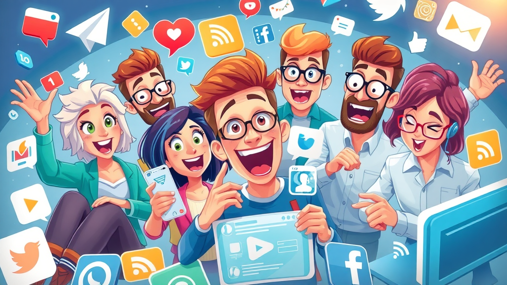 creative marketers arranging social media content formats, social media engagement strategies, collage of posts, videos, stories, polls, 2D cartoon, vibrant workspace, highly detailed