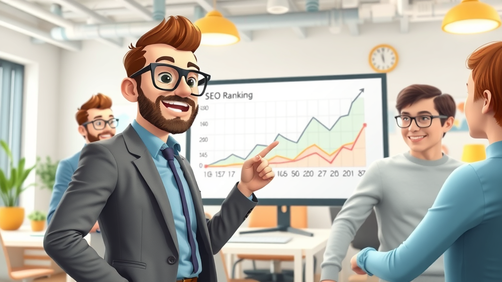SEO strategy baltimore team, marketer pointing at rising graph, team watching ranking progress
