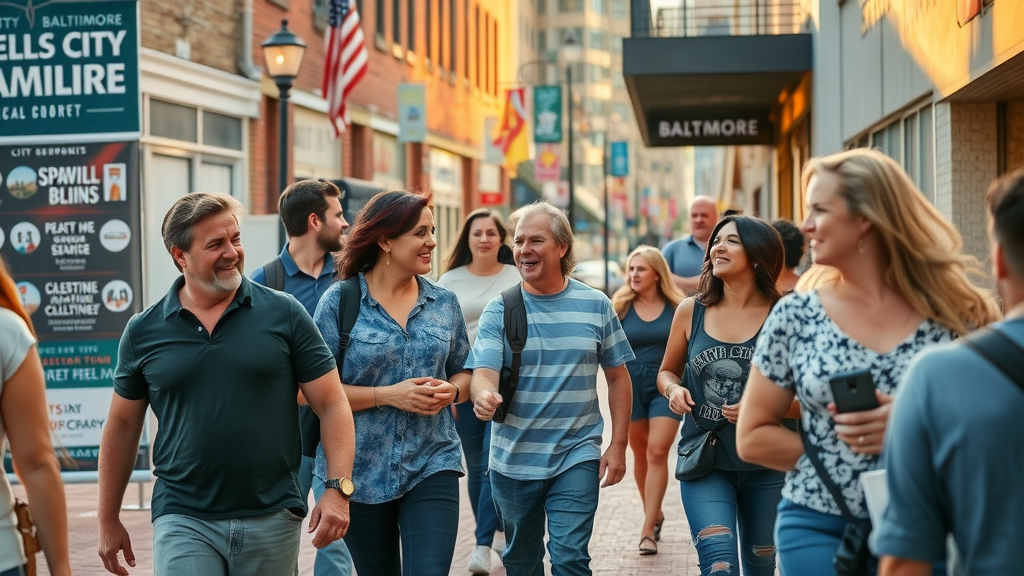 Fells Point Baltimore small businesses connecting with customers, city branding visible