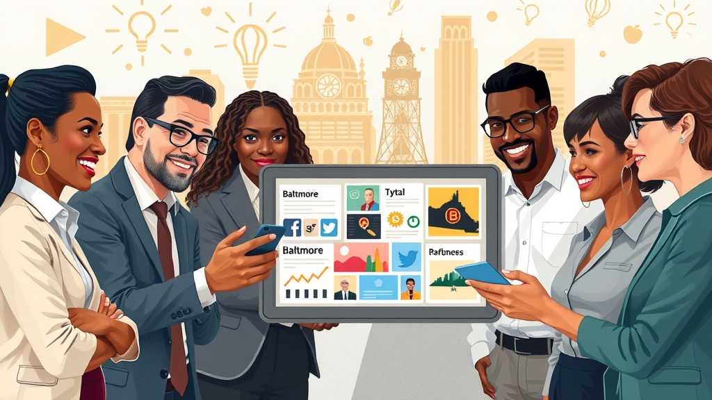 diverse business professionals brainstorming over Baltimore-themed brand board, social media marketing