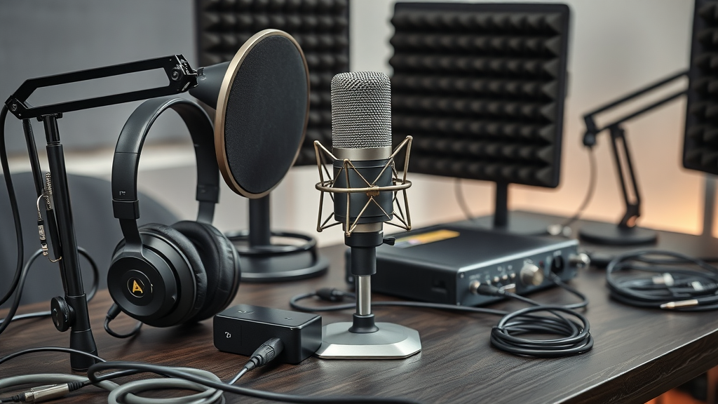 Essential podcast equipment for Baltimore: microphone, headphones, audio interface, pop filter, and acoustic panel expertly arranged in a modern studio. Podcast Equipment Baltimore.