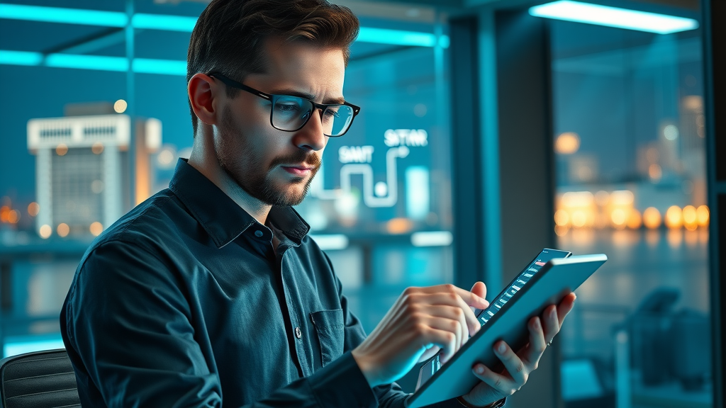 Digital marketer in a futuristic Baltimore workspace following campaign optimization workflow on tablet with Inner Harbor in view