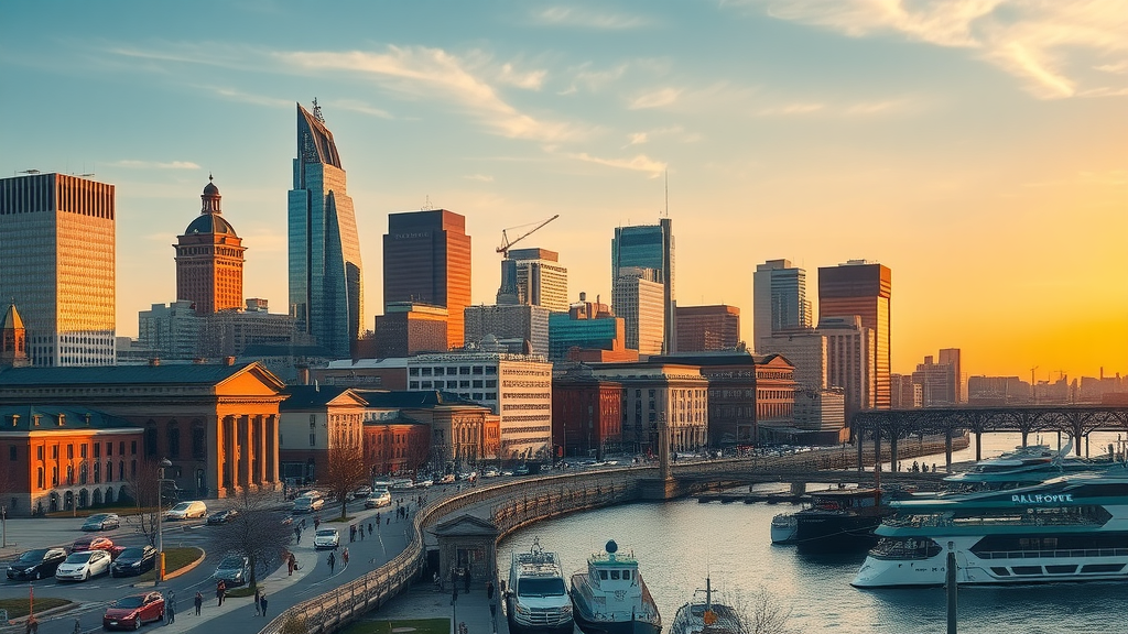 Dynamic Baltimore skyline at golden hour showcasing podcast audience growth Baltimore with bustling activity and iconic harbor