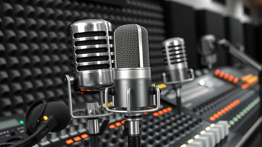 Close-up of professional podcast microphones, mixers, and soundproofing at recording studio in Baltimore