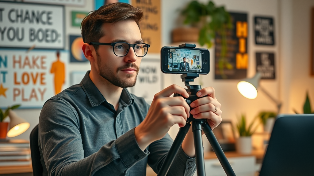 resourceful entrepreneur filming DIY business video home office phone tripod