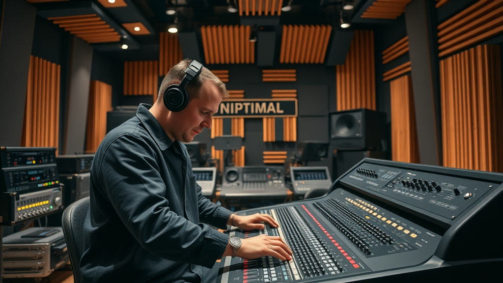 sleek array of audio equipment, focused engineer, adjusting mixer controls, Cinematic, spacious recording studio adorned with acoustic foam and wooden treatments, highly detailed, LED lights highlighting equipment, deep contrasting tones, dramatic studio lighting, shot with an 85mm lens.