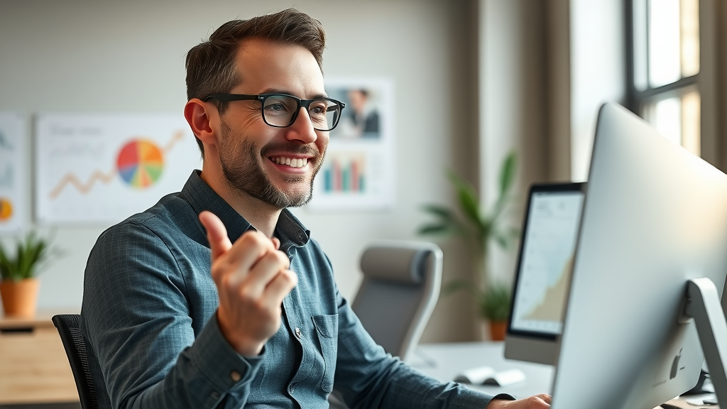 Baltimore business owner reviewing analytics growth, digital marketing campaign results, satisfied with online sales charts