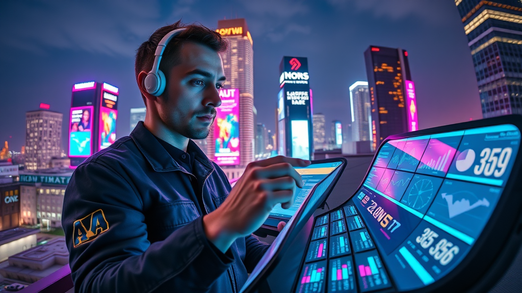 cutting-edge Baltimore tech marketers, AI-driven digital marketing dashboards, futuristic rooftop, advanced digital strategies