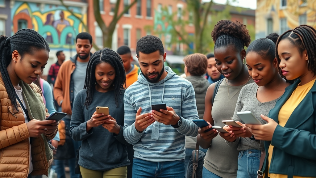 Diverse group of Baltimore residents engaged with mobile devices in a city park for target audience baltimore social media campaigns