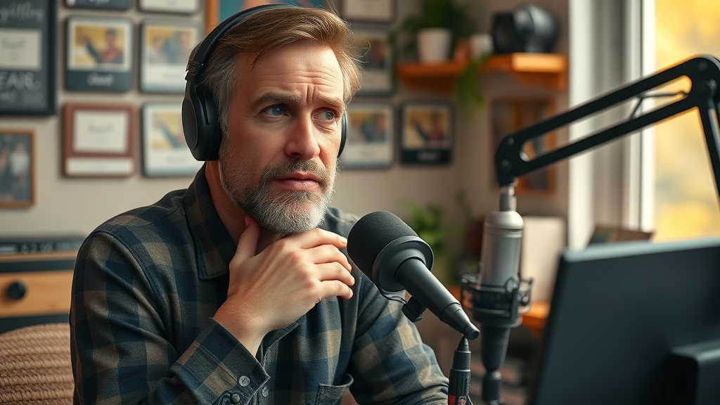 Baltimore podcast host looking concerned at audio equipment, common podcast recording mistakes, podcast recording tips Baltimore