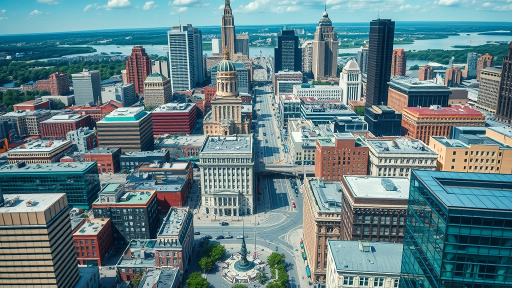 Vibrant aerial view of downtown Baltimore, social media engagement overlay, bustling businesses, cityscape background, people with smartphones