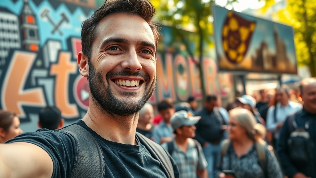 Charismatic Baltimore influencer capturing a selfie at a local event, with recognizable city mural in background, social media agency engagement