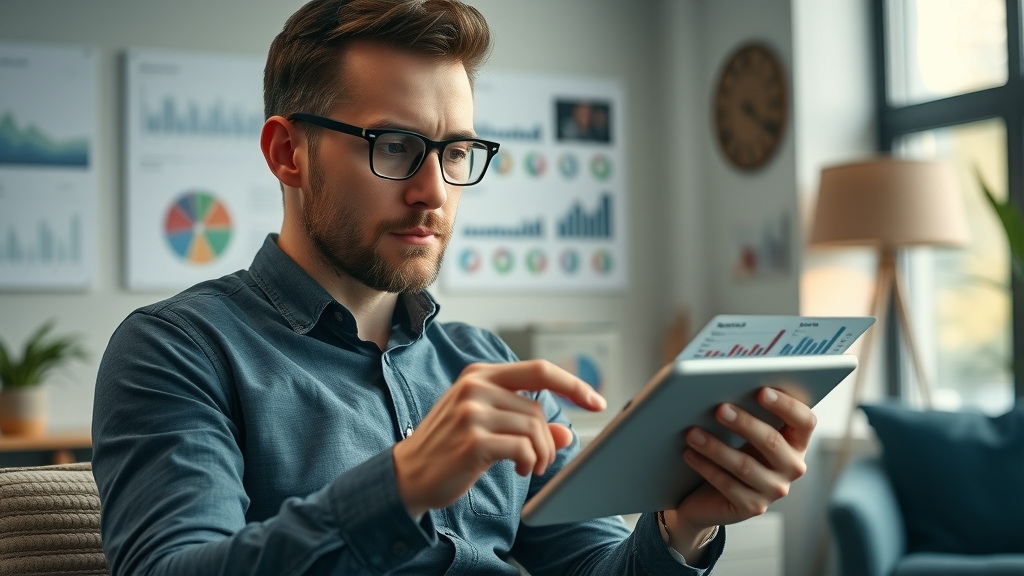 video content creation for small businesses marketing graphs, owner reviewing video engagement metrics on tablet in modern office, branding elements, soft light