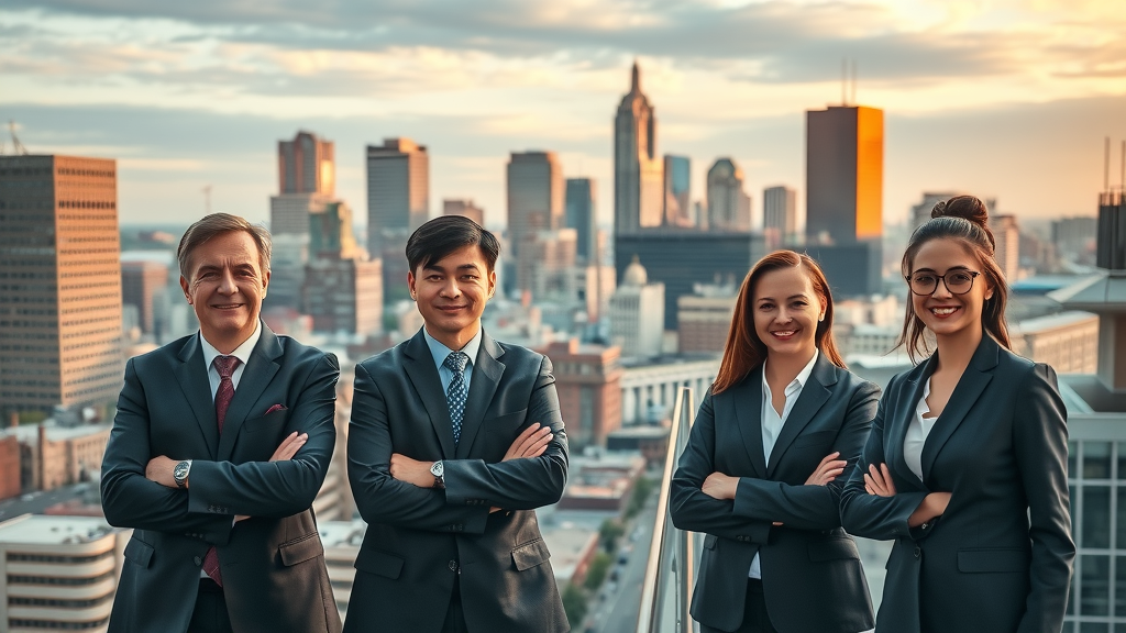 SEO branding baltimore vibrant urban skyline, confident business owners overlooking the city, Baltimore landmarks, golden hour
