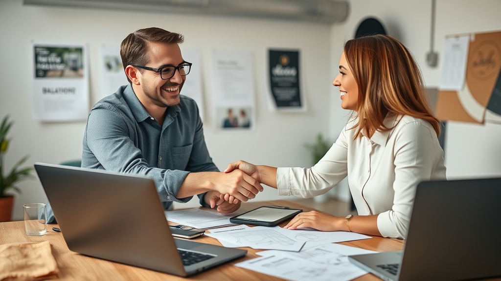 Baltimore video producer and client shaking hands at consultation table in creative workspace