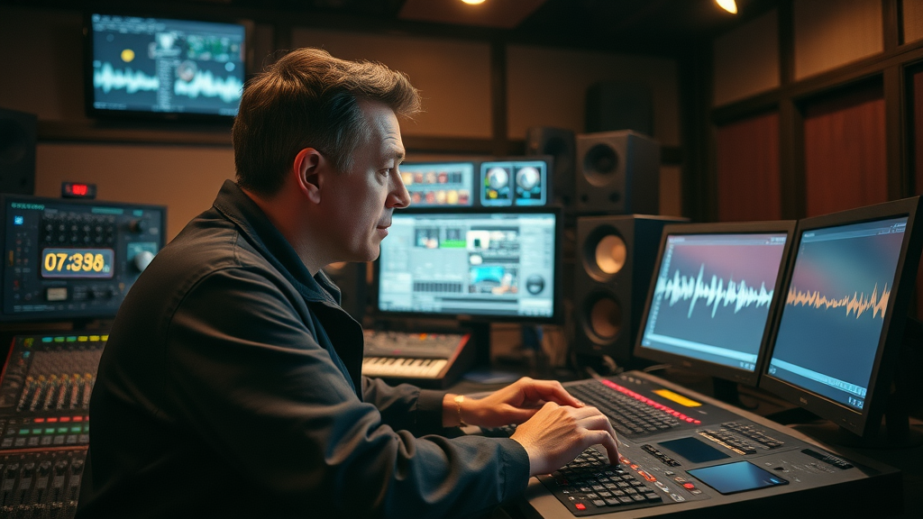 focused sound engineer at Baltimore podcast editing desk with digital waveform, representing podcast editing services baltimore