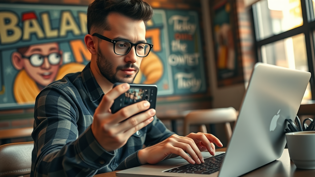 vibrant content creator at work, capturing video with smartphone, editing on laptop, cozy local coffee shop with baltimore murals, dynamic motion, focused and passionate