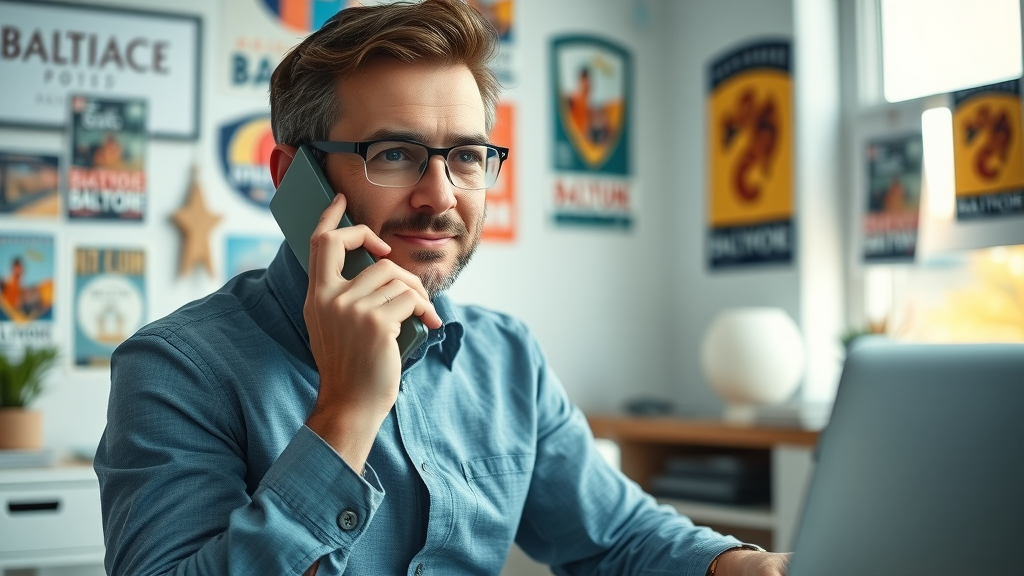 motivated entrepreneur making branding consultation call, baltimore business branding, home office with local memorabilia