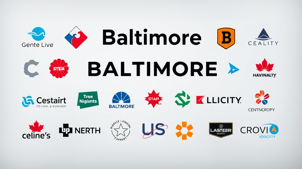 collection of unique Baltimore business logos, logo design for baltimore business branding, diverse industries, city map overlay