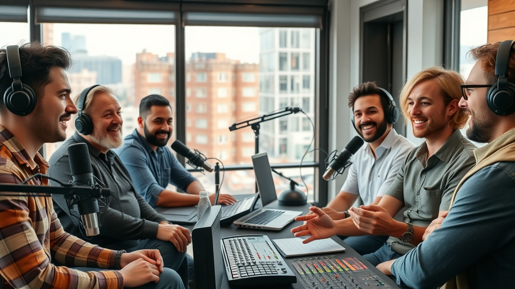 vibrant podcast studio in Baltimore with diverse group of business owners recording, local business podcasts Baltimore