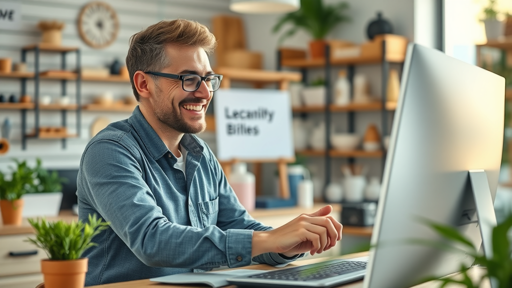 Local business owner engaging community on social media, friendly work environment, animated notifications, local business atmosphere