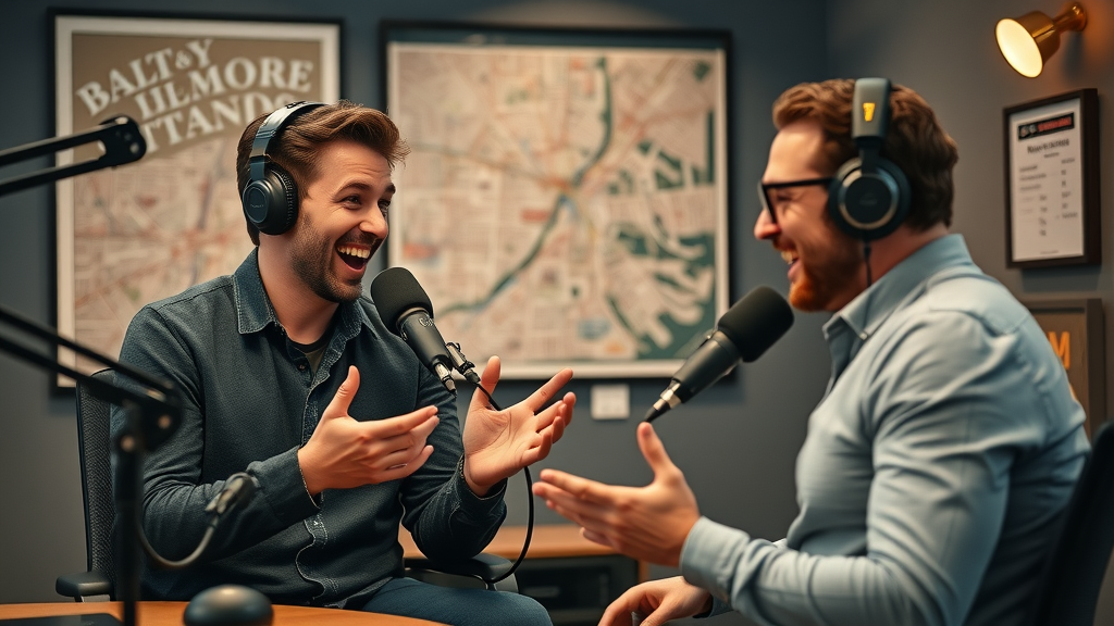 Podcast host interviewing Baltimore business leader, modern studio, lively discussion, microphones, map