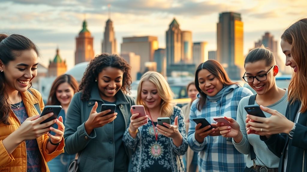 Vibrant Baltimore cityscape with diverse people using mobile phones and interacting with social media apps, representing fast target audience baltimore social media engagement