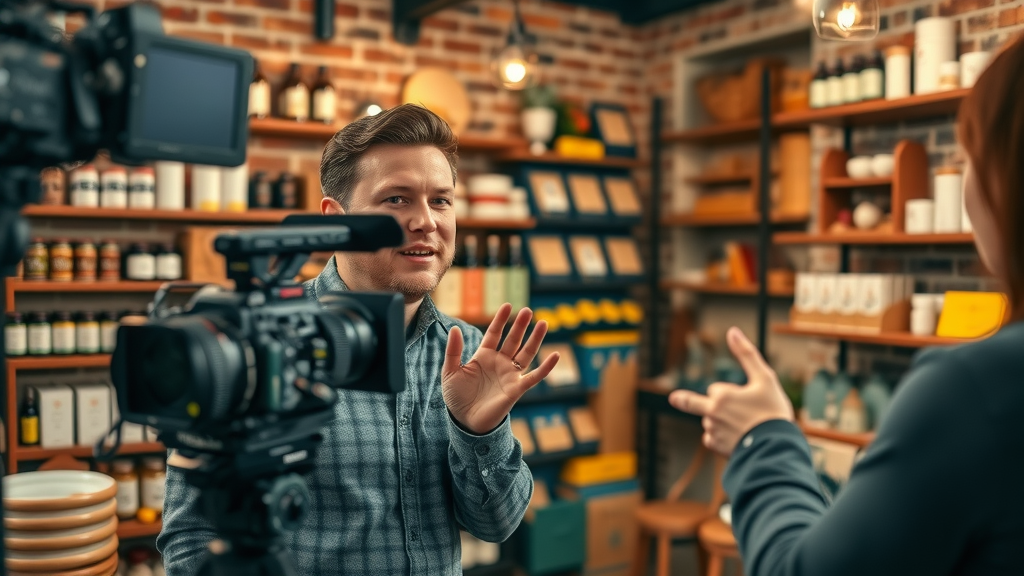 Inspirational entrepreneur filming branding video in small creative shop - brand video example