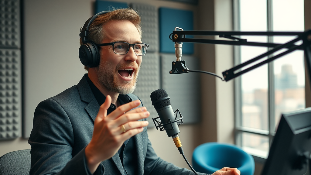 modern Baltimore podcast studio, energetic host, speaking into professional microphone, Photorealistic High Fidelity Lifelike, stylish interior with soundproof panels and city skyline visible through window, highly detailed, subtle movement of microphone cables, sharp focus, warm neutrals and blue accents, soft diffused daylight, shot with a 35mm camera lens.