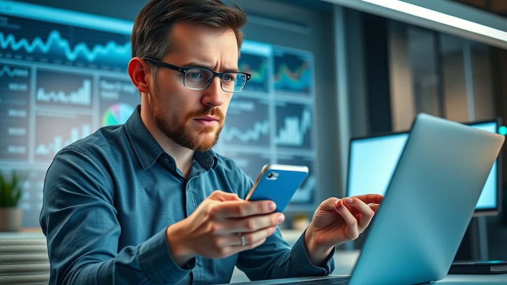 Marketer evaluates social media algorithm changes affecting local campaigns, with dynamic analytics screens, local market insights