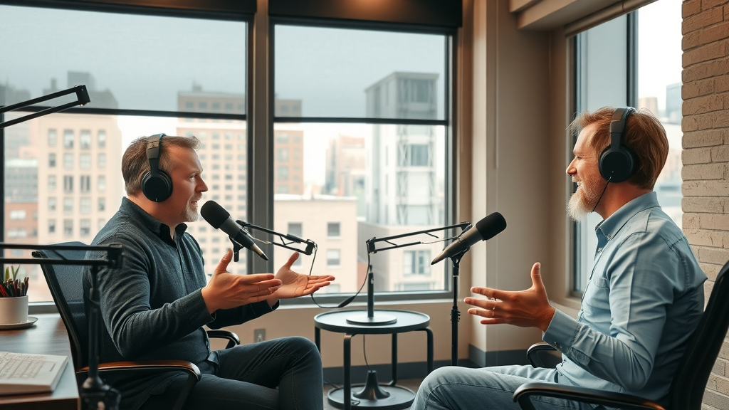 Inviting modern podcast studio interior with Baltimore skyline, hosts using professional microphones in discussion, warm natural lighting - baltimore podcast studio