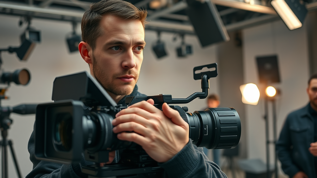 Cutting-edge cinematic camera setup in Baltimore studio, professional cinematographer adjusting lens among high-tech gear and lighting.