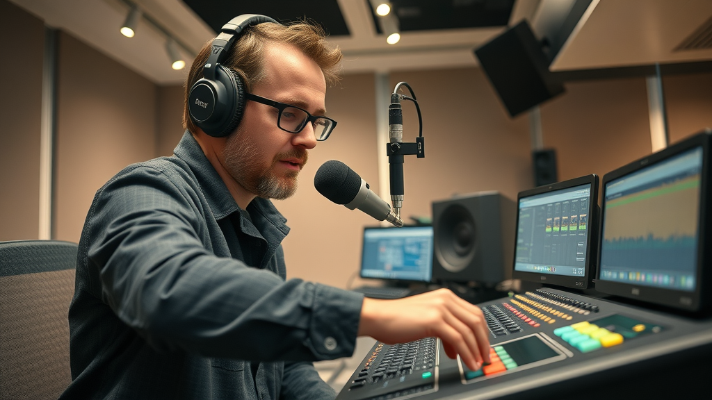 cutting-edge podcast studio recording equipment and engineer adjusting soundboard in maryland podcast studio