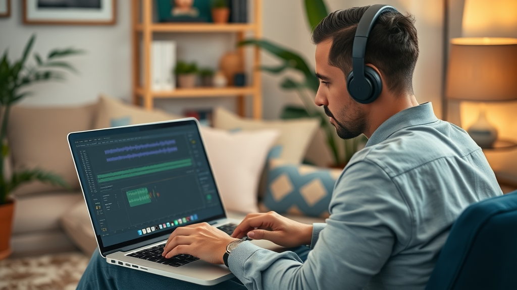 Podcast editing software and small business owner focusing on audio quality at home office