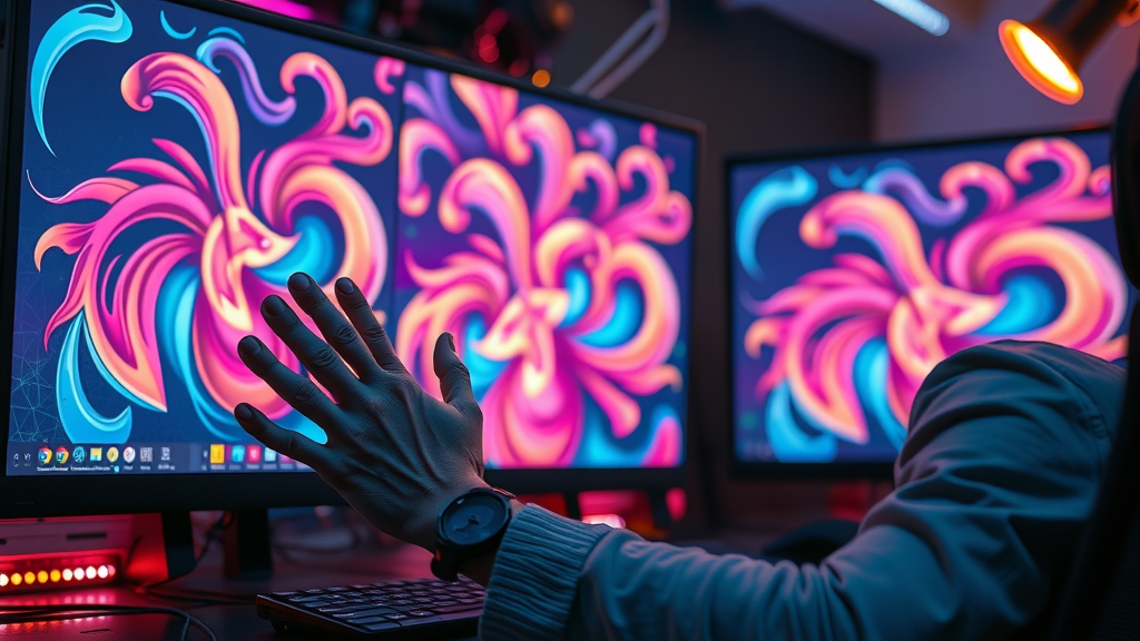 Dynamic motion graphics artist in Baltimore working on vibrant animated graphics in modern digital workspace.