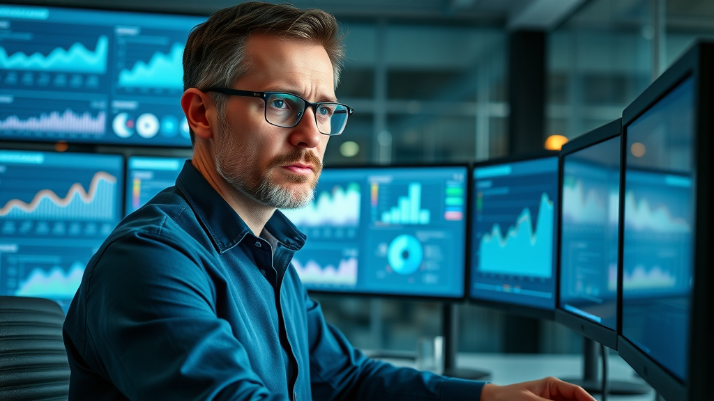analytical marketing manager reviewing social media performance dashboards, social media engagement strategies, high-tech office, engagement trends, blue and green lighting, highly detailed