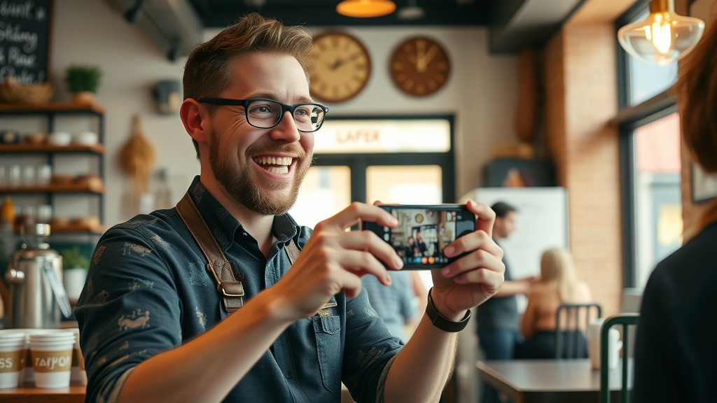 Baltimore café owner filming a social media video, demonstrating social media marketing connecting local businesses and customers in Baltimore