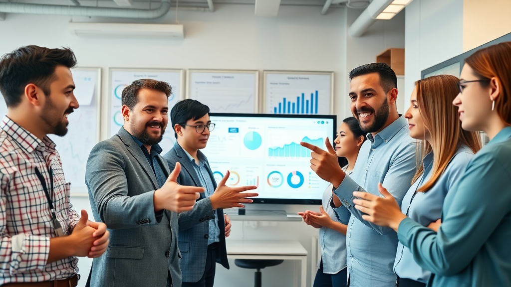 inspirational creative marketing agency team brainstorming and pointing at digital screens displaying content marketing analytics, contemporary office, branding elements, expressive gestures, engaged discussion, bright color palette