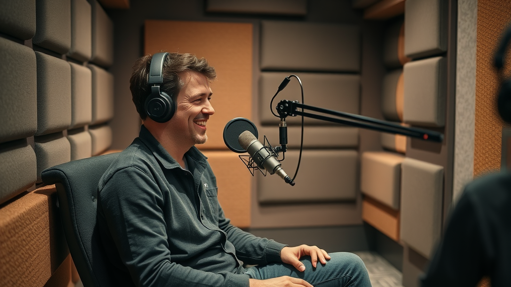 cozy acoustically-treated podcast space, relaxed podcaster recording with professional microphone, amber and grey tones, padded walls