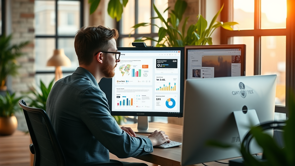 Baltimore marketing strategist integrating email marketing with digital campaigns, using dual monitors and sleek design tools in a local office.