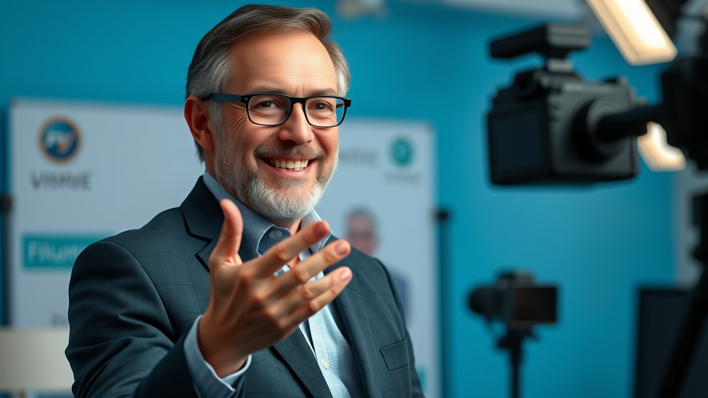 Inspirational business leader delivers heartfelt message on camera in professional Baltimore studio with brand elements.